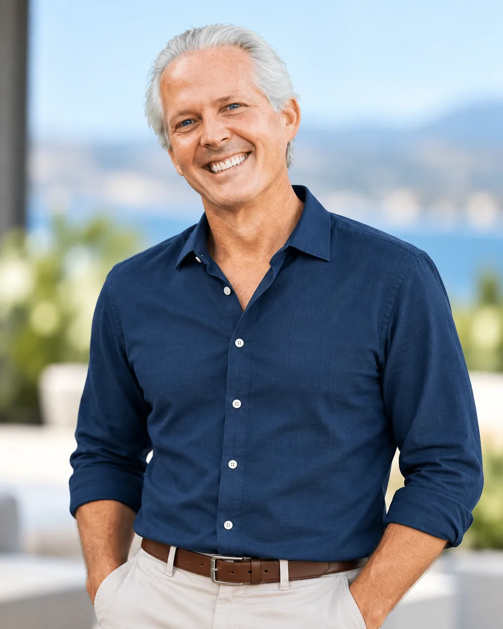 Mark W. Pattison outdoors in a navy shirt, smiling with his hands in his pockets
